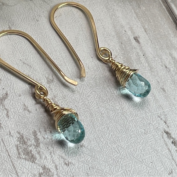 Aquamarine Quartz Crystal Earrings Artisan Designed 14k Gold Filled Wire - Picture 9 of 17